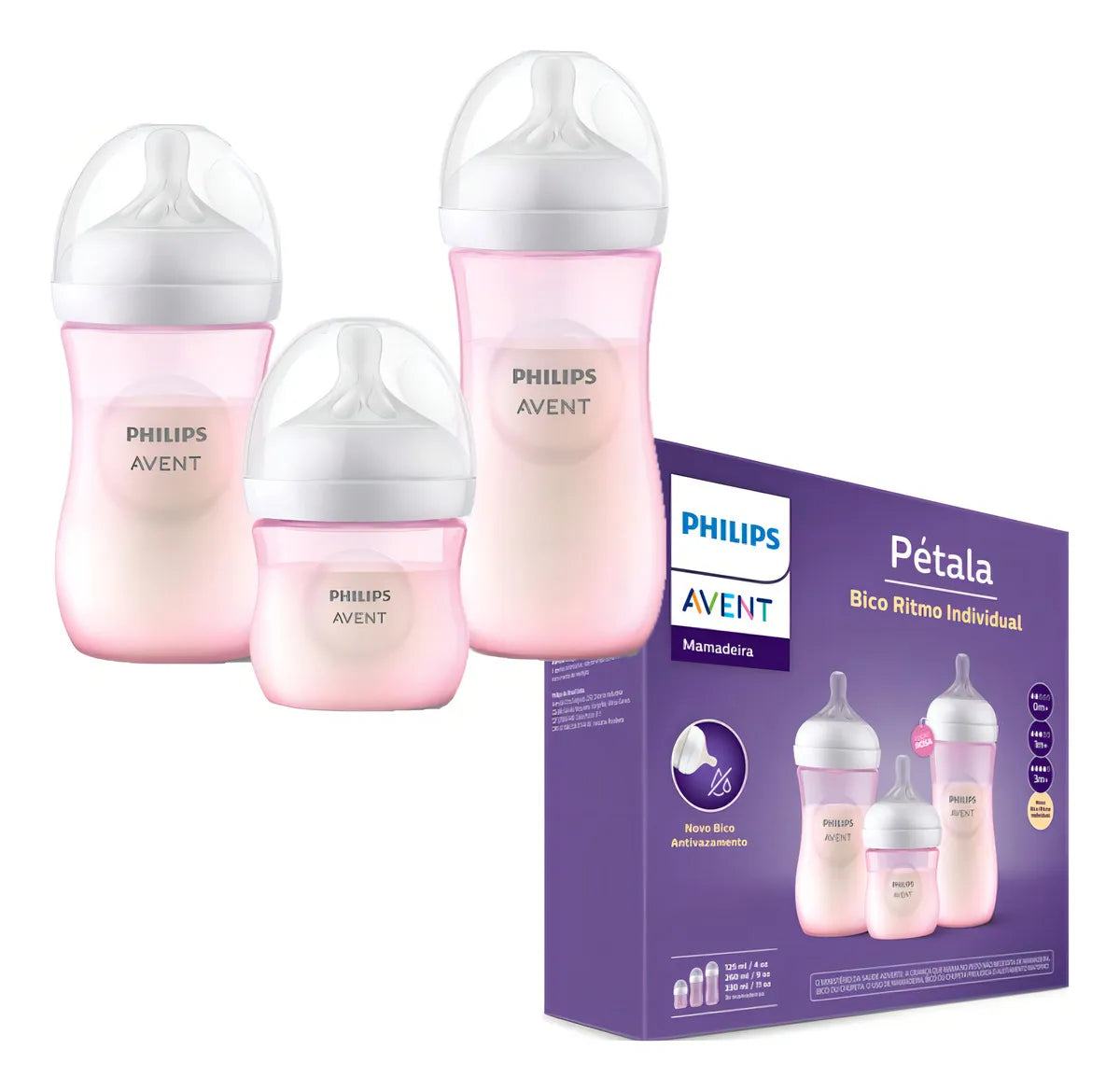 Kit Triplo Mamadeiras Philips Avent Pétala 3.0 - Rosa ou Azul