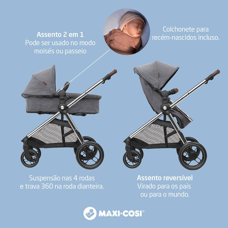 Carrinho de Bebê Maxi-Cosi Anna³ Travel System Trio Luxe Twillic Grey