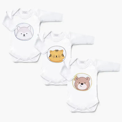Kit Body Manga Longa Ursinho, Gatinho e Lobinho Astronauta 3 Peças Tam P