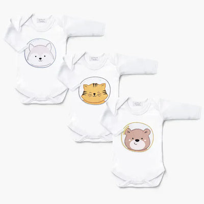 Kit Body Manga Longa Ursinho, Gatinho e Lobinho Astronauta 3 Peças Tam P